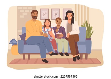 Happy family sitting on sofa together, flat cartoon vector illustration. Mom, dad, son and daughter are smiling while sitting on couch. Happiness and love, home comfort. Watching movie or telecast