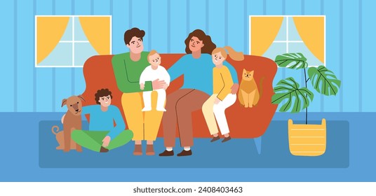 La familia feliz está sentada en el sofá. Padres de caricatura y niños habitación interior, gato y perro, niños con mascotas madre y padre, ilustración vectorial.eps
