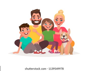 Happy family sitting on a white background. Father, mother son, daughter and dog. Vector illustration in cartoon style