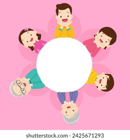 Happy family sitting side by side with hands on chin
on around circle