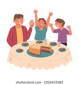 Happy Family Sitting at Table Eating Festive Cake Celebrating Holiday Together Vector Illustration