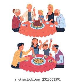 Happy Family Sitting at Table Eating Festive Dinner Celebrating Holiday Together Vector Set