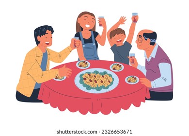 Happy Family Sitting at Table Eating Festive Dinner Celebrating Holiday Together Vector Illustration