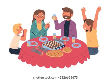 Happy Family Sitting at Table Eating Festive Dinner Celebrating Holiday Together Vector Illustration