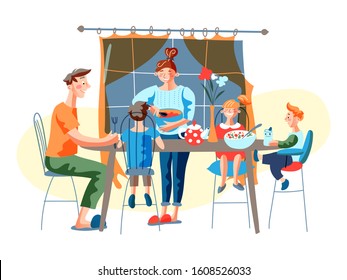 Happy family sitting at table have dinner together at home cartoon. Mother wife serving table for husband father and children. Dining room interior. Idylls scene. Vector flat cutout illustration