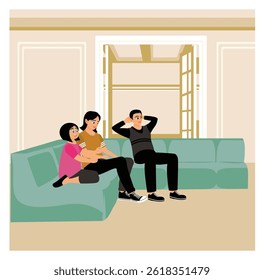 Happy family sitting together in the living room. Spending time together at home. Flat vector illustration.