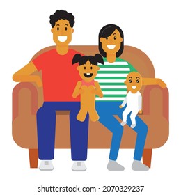 Happy Family sitting together on loveseat and watching tv, quality time at home, best for decoration, element, and background with family themes for website and application