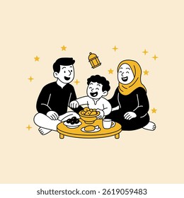 Une famille heureuse assise ensemble et partageant un repas pour l'Illustration vectorielle de l'Aïd pour l'Aïd Al Adha Moubarak