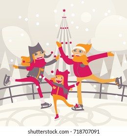 Happy family skating on ice rink. Flat people with little child with winter landscape on background. Hills, christmas tree, happiness.