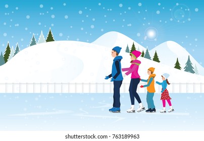 Happy family skating on ice rink on Cityscape landscape background scene with snowy. Winter sport and recreation, winter holiday vacation concept vector illustration.