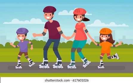 Happy family skating on roller skates in the park. Vector illustration in a flat style