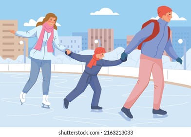 Happy family skating on urban ice rink. Parents with kid having fun together. Vector illustration