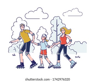 Happy family skating together in park. Parents with daughter spending time outdoors having fun on rollers. Mother, father and kid having fun and active lifestyle. Linear vector illustration