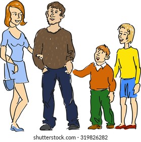 Happy Family sketch. Father, mother and two children on white background. Hand drawn artwork. Vector illustration.
Can be used for flayers, banners, posters.