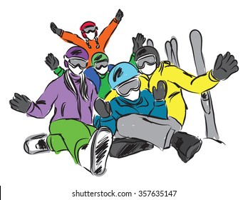 happy family ski illustration
