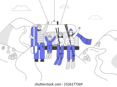 Happy Family with Skiing and Skateboarding Equipment Rise to Ski Lift Elevator. Parents and Kids Go Up Hill on Cable Rope Funicular with Skis and Snowboard. Cartoon Flat Vector Illustration, Line Art