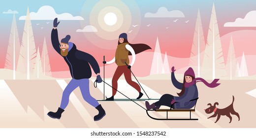 Happy family skiing and sledding in a winter city park with a dog. Flat vector illustration.