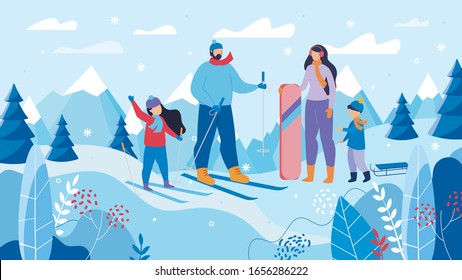 Happy Family Skiing, Snowboarding, Sledding Together on Mountain Resort. Active Parents with Children Rest during Winter Travel on New Year Christmas Holidays Vacation. Vector Illustration