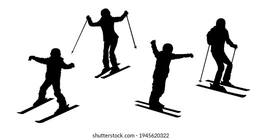 Happy Family Skiing Vector Silhouette. Father, Mother And Chindren Having Fun.