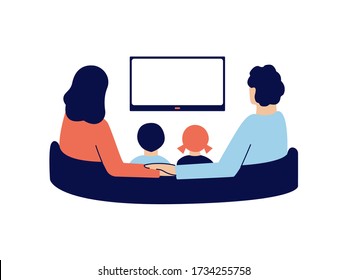 Gute Familie mit kleinen Kindern, die auf dem Sofa sitzen und zu Hause fernsehen. Ehefrau und Ehemann mit Händen. Verbringen Sie Zeit zusammen. Vector flach isolierte Abbildung. Rückansicht. Leerer Fernsehrahmen für Text