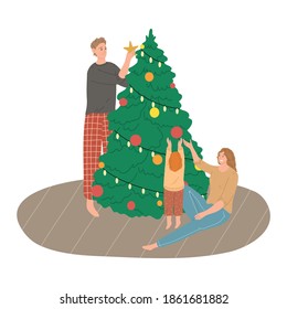 Happy family with small daughter decorating Christmas tree at home together