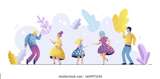 The happy family smiles and dances. Dad, mom, grandmother, grandfather and girl celebrate birthday. It's a fun party. Vector illustration with botanical leaves.