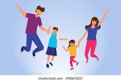 Happy family smiling and jumping father, mother, boy, daughter love each other with abstract background illustration vector for family website or social media campaign. A simple flat design vector