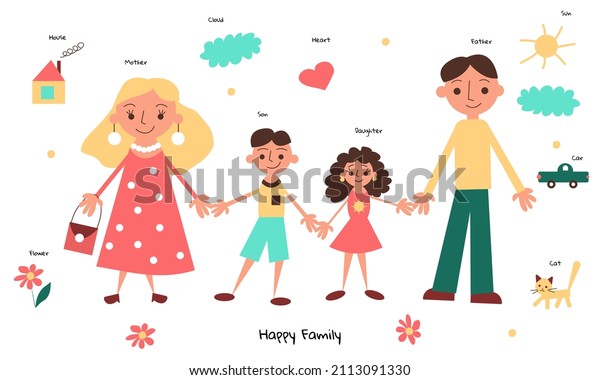 A happy family is smiling outside. Children\'s\
drawing of a family. Dad, mom, son and daughter. Cartoon cute kids\
flat style. House, car. Trendy bright colors. Isolated object on a\
white background.