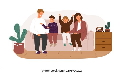 Happy family smiling sitting on couch vector flat illustration. Joyful parents and children spending time together at home isolated. Mother, father, son and daughter rejoicing enjoying weekend