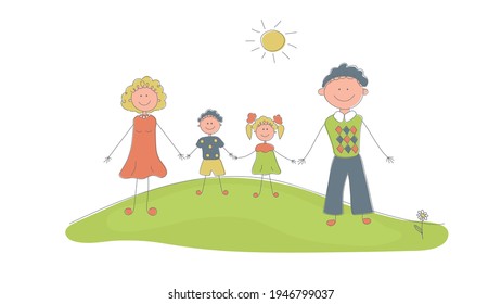 Happy family smiling stand holding hands on grass lawn with daisy. The sun is shining.Father, mother, daughter and son. For ad family clinic, children center and goods for kids.Hand drawn vector