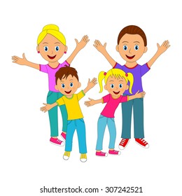 Happy family smiling with their hands up, illustration, vector
