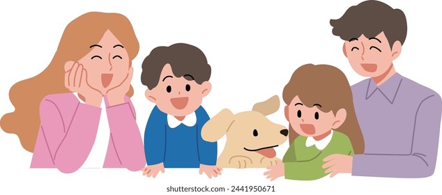 Eine glückliche Familie lächelt. Frau, Mann, Kind, Hund Illustration