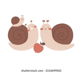 Happy family of snails. Vector children's illustration in boho cartoon style. Print for clothes.