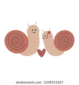 Happy family of snails. Vector children's illustration in cartoon style. Print for card, clothes.