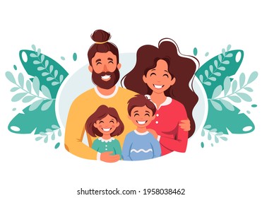 Happy family with son and daughter. Parents hugging children. Vector illustration