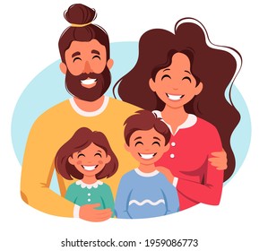 Happy family with son and daughter. Parents hugging children. Vector illustration
