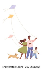 Happy family with son and dog have fun with a kite. Parents and child fly a kite. Playing in the outdoor. Flat vector illustration.