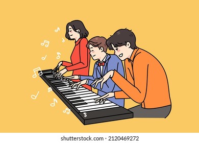 Happy family with son have fun playing one piano together. Smiling parents and kid enjoy weekend involved in music improvisation. Musician hobby and entertainment. Vector illustration. 