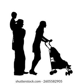 Happy family, son sits on his father's neck and baby carried in a stroller by his mother.