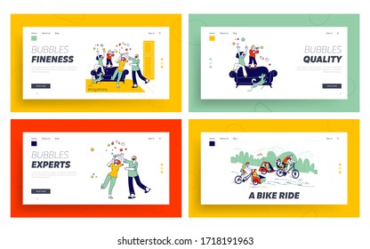 Happy Family Spare Time Landing Page Template Set. Characters Parents, Dog and Kids Blowing Soap Bubbles at Covid19 Quarantine Isolation. Riding Bike with Trailer. Linear People Vector Illustration