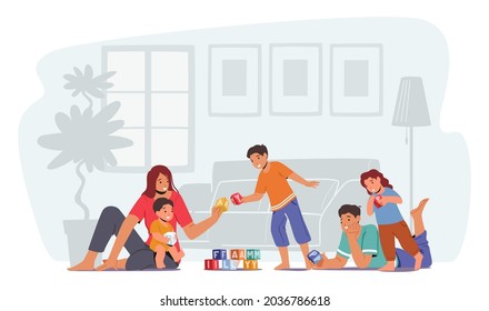 Happy Family Spare Time, Parents with Kids Leisure Time. Father and Mother Playing Toys with Children Sitting on Floor. Mom, Dad, Little Sons and Daughter Loving Relation. Cartoon Vector Illustration