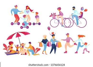 Happy Family Sparetime Activity Set Isolated on White Background. Father, Mother, Kids Spend Time Together Shopping, Riding Bike, Relaxing on Beach, Driving Hoverboard Cartoon Flat Vector Illustration