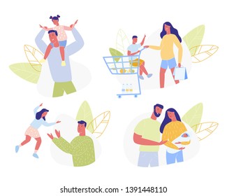 Happy Family Sparetime Set Isolated on White Background. Father, Mother and Kids Walking, Having Fun, Shopping, Caring of Newborn Baby. Loving Human Relations, Love. Cartoon Flat Vector Illustration