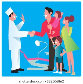 Happy family with a sparkling smile dentist thanks for the good work. Dentist office vector illustration. 