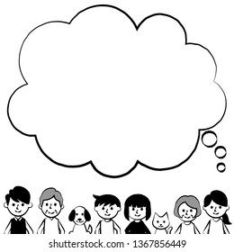 Happy family with speech bubble. Grandparents, parents, children and pets. Vector illustration.
