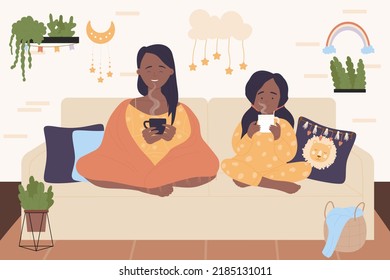 La familia feliz pasa tiempo libre en el confort boho interior de la sala de estar hogar ilustración vectorial. La madre y la hija del dibujo animados se sientan juntas en un sofá, toman café o té de fondo. Concepto de descanso