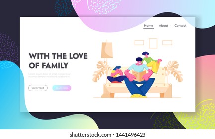 Happy Family Spend Time at Home, Father Reading Book, Mother and Daughter Sit on Sofa Listening Dad, Sparetime, Leisure, Hobby. Website Landing Page, Web Page. Cartoon Flat Vector Illustration, Banner