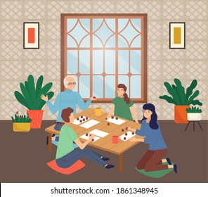 Happy Family Spend Time At Home. People Playing Bingo Lotto Game At Table. Mother, Daughter, Father, Grandfather Together At Home Playing. Indoors Home Activity, Hobby. Parents And Kids Leisure Time