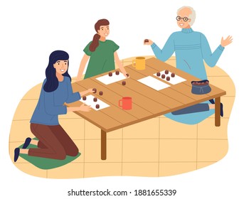 Happy Family Spend Time At Home. People Playing Bingo Lotto Game At Table. Mother, Daughter And Grandfather Together At Home Playing Table Game. Indoors Home Activity, Hobby. Parents And Kids