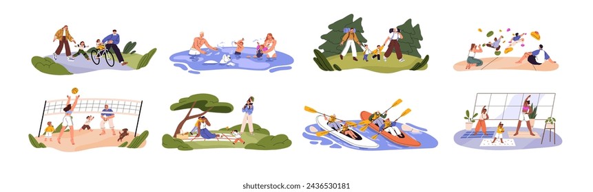 Happy family spend time outdoor set. Parents and kids play volleyball, ride a bicycle, swimming, do sport. People with children walk, have a picnic together. Flat isolated vector illustration on white